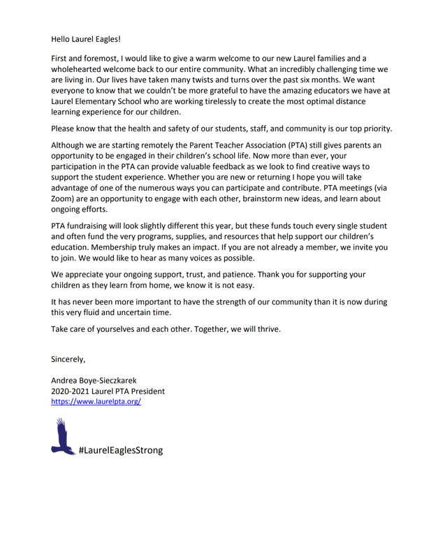 Letter from the PTA President  LAUREL ELEMENTARY PTA